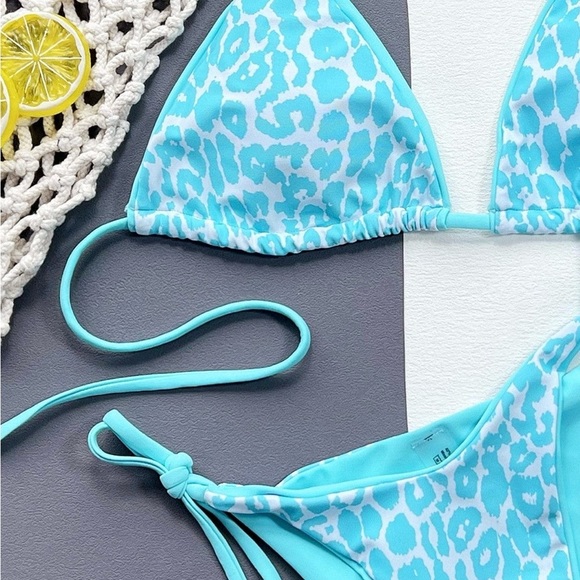 Blue Leopard Halter Tie Side Cheeky Bikini Set - Picture 7 of 12